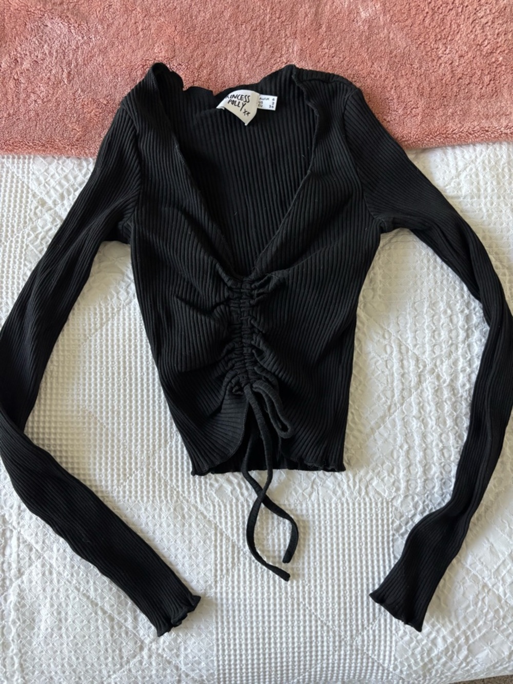 Princess Polly Black Ribbed Ruched Drawstring Long Sleeve Top